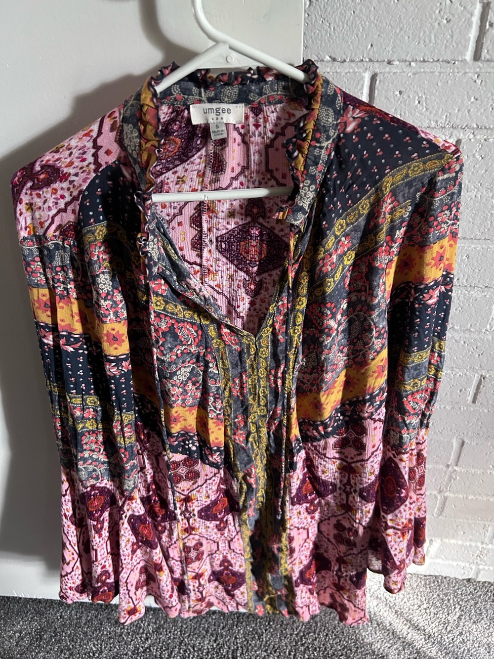 Umgee Pink and Mustard Patchwork Boho Button-Up Tunic